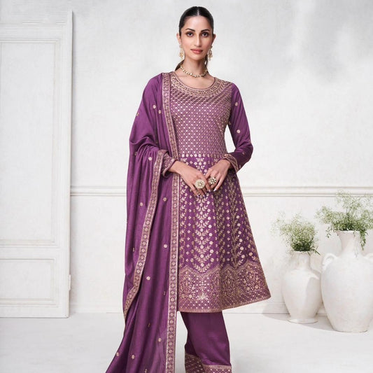 Magenta Heavy Designer Embroidery Trouser Style Suit