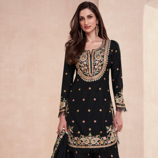 Traditional Function Wear Readymade Suit Black Dolla Silk Palazzo Suit