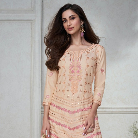 Peach Color Real Mirror Embroidered Stitched Sharara Suit
