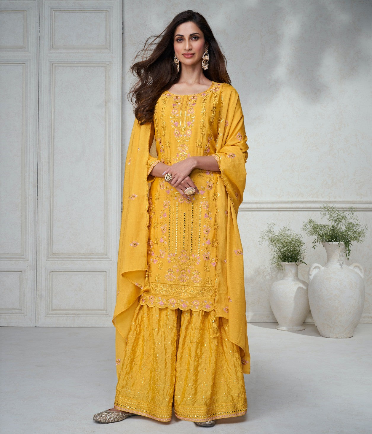 Haldi Special Yellow Color Mirror Work Embroidery Stitched Sharara Suit