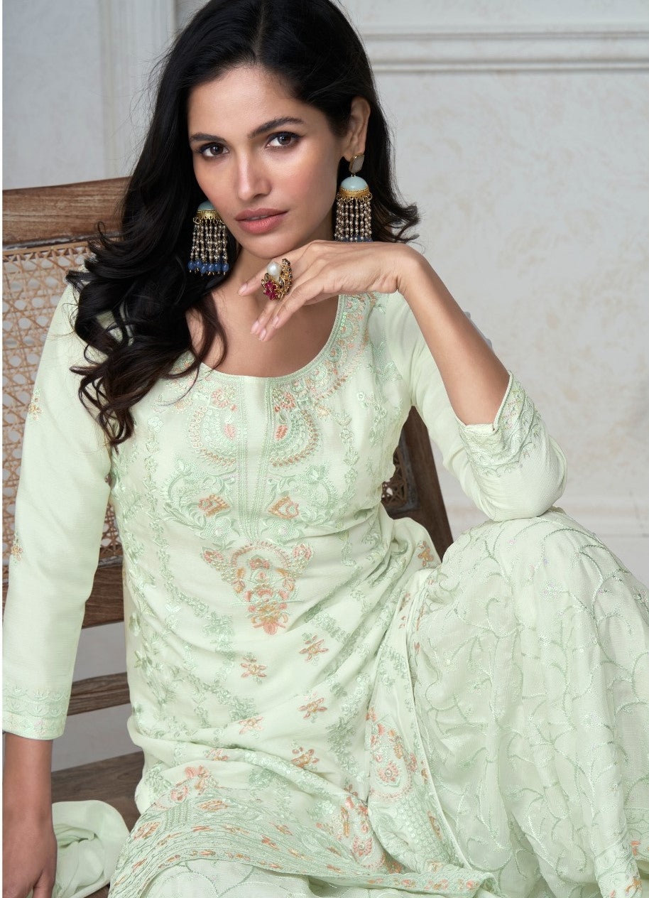 Light Green Traditional Function Wear Mirror Work Embroidery Stitched Sharara Suit