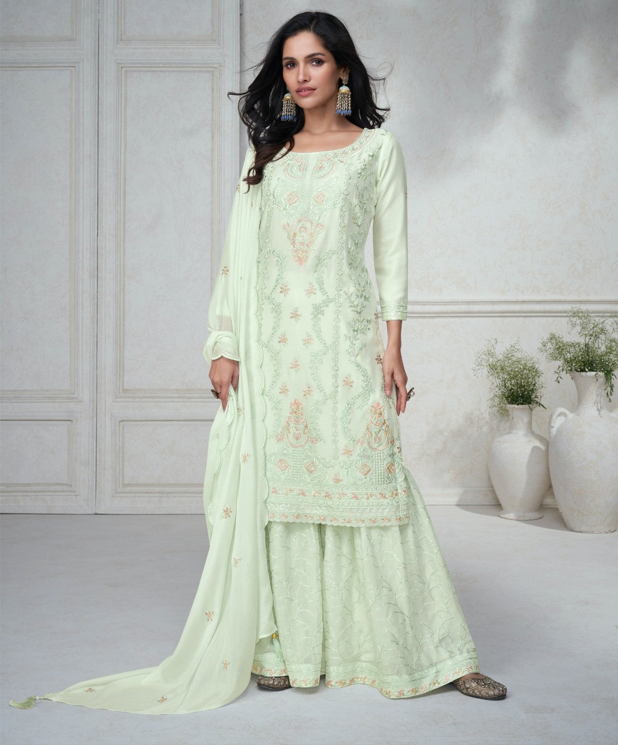 Light Green Traditional Function Wear Mirror Work Embroidery Stitched Sharara Suit