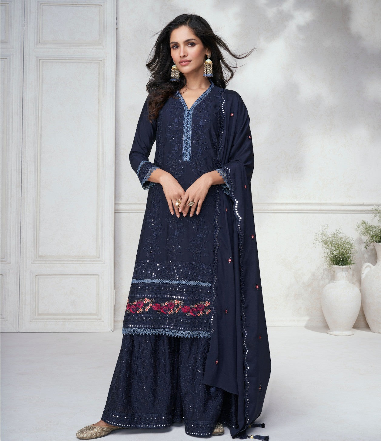 Dark Blue Silk Embroidered Party Wear Punjabi Sharara Suit