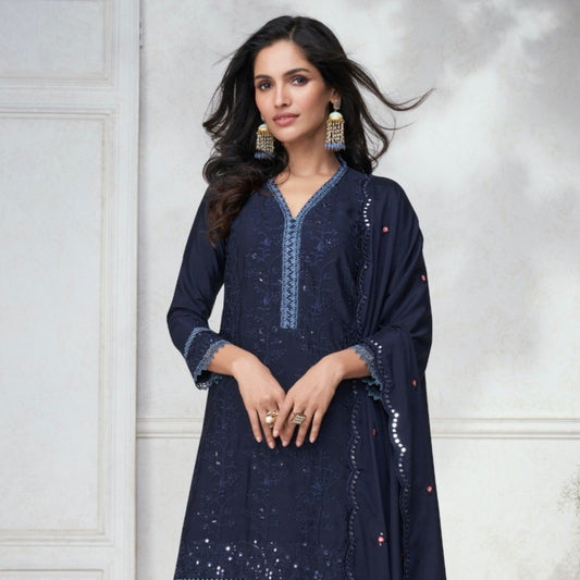 Dark Blue Silk Embroidered Party Wear Punjabi Sharara Suit