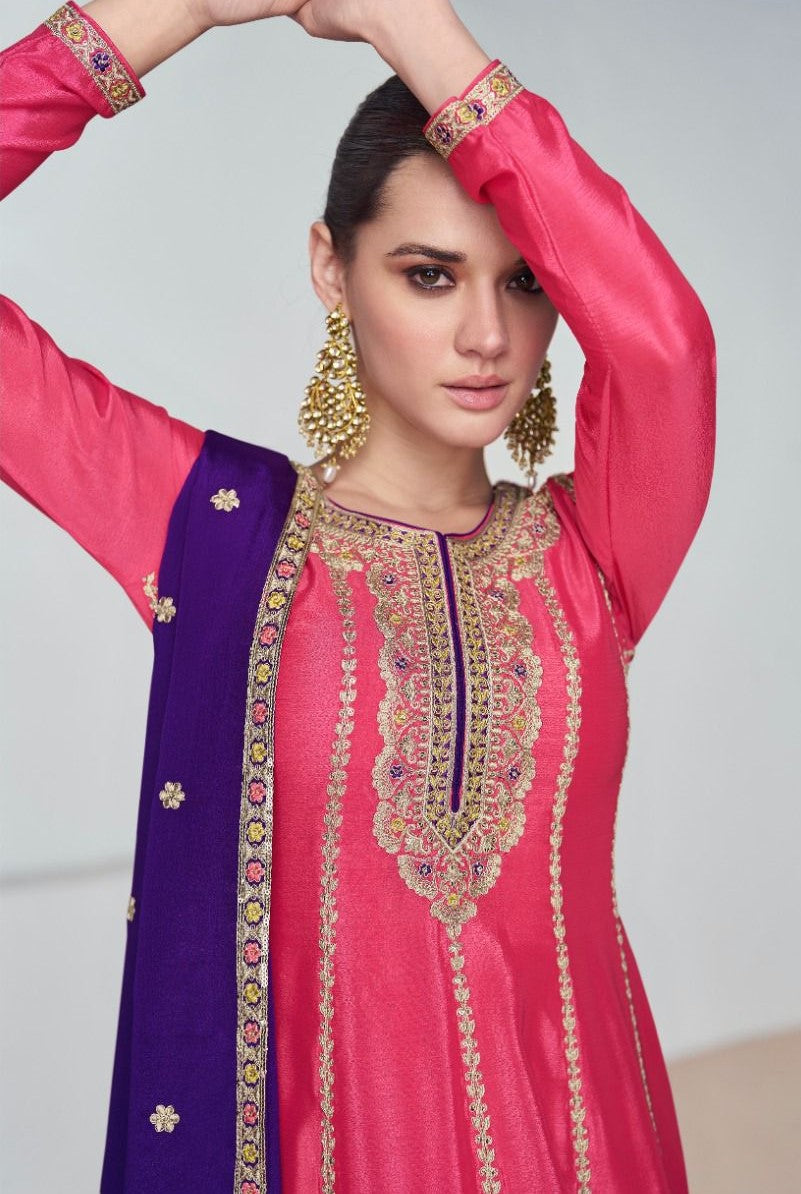 Pink And Purple Chinon Embroidered Anarkali Plazo Dress For Wedding Party