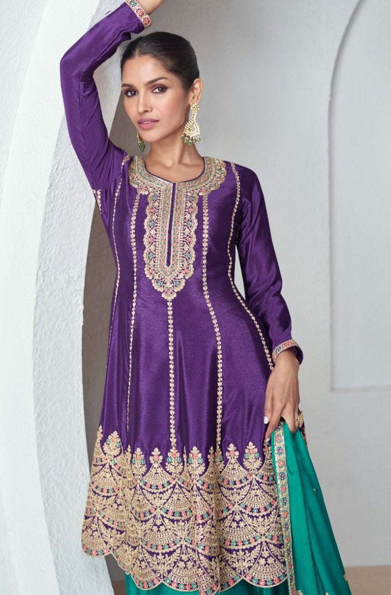 Purple And Teal Chinon Embroidered Anarkali Plazo Dress For Wedding Party