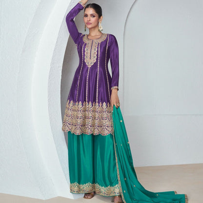 Purple And Teal Chinon Embroidered Anarkali Plazo Dress For Wedding Party