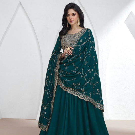 Gorgeous Teal Color Silk Embroidered Anarkali Long Frock
