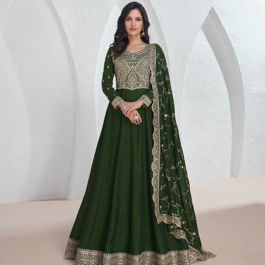 Green Color Silk Embroidered Anarkali Long Frock For Wedding Party
