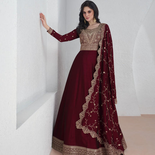 Wine Color Silk Embroidered Anarkali Long Frock For Wedding Party