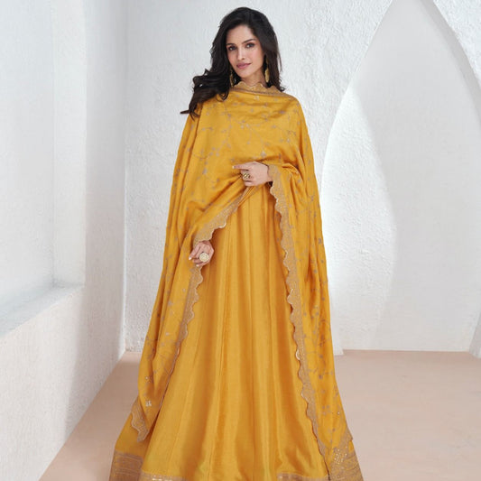 Yellow Color Silk Embroidered Anarkali Long Frock For Wedding Party