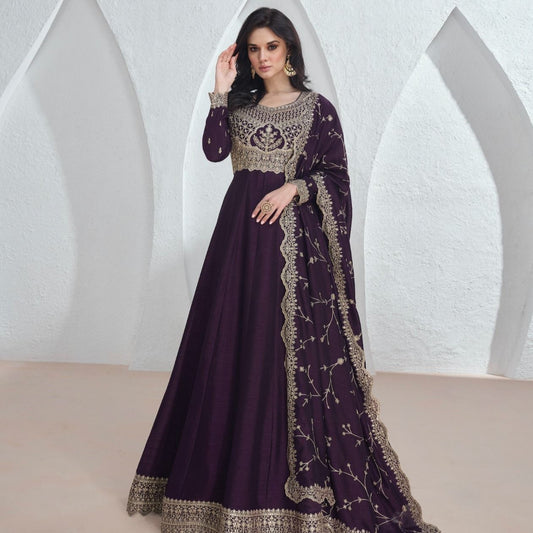 Purple Color Silk Embroidered Anarkali Long Frock For Wedding Party
