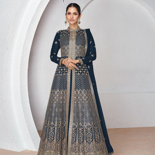 Prussian Blue Georgette Embroidered Designer Indo Western Outfits For Wedding