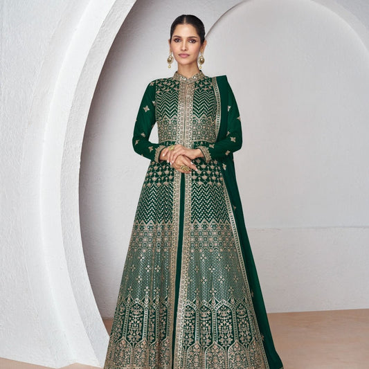 Forest Green Georgette Embroidered Designer Indo Western Outfits For Wedding