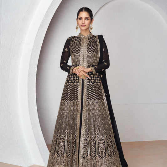 Black Georgette Embroidered Designer Indo Western Outfits For Wedding
