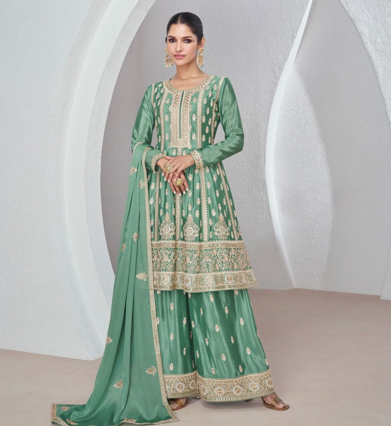 Mint Green Chinon Embroidered Anarkali Plazo Dress For Wedding Party