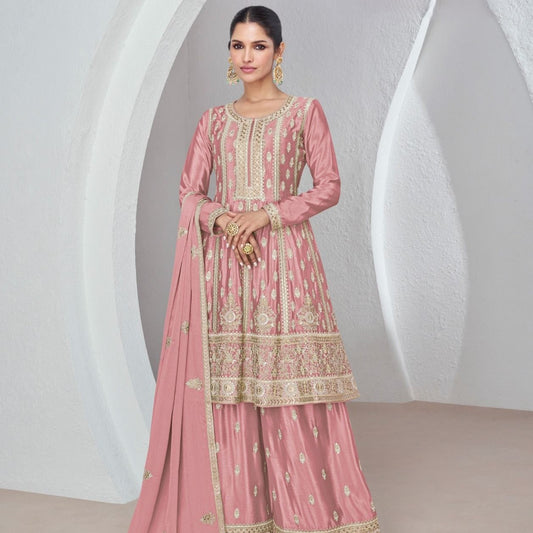 Rose Pink Chinon Embroidered Anarkali Plazo Dress For Wedding Party