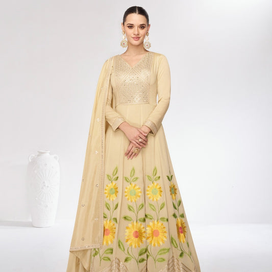 Cream Silk Sequence Embroidered Anarkali Gown With Dupatta