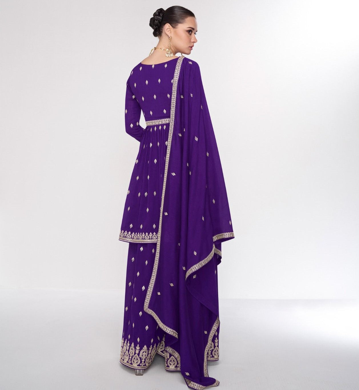 Purple Color Chinon Embroidered Wedding Wear Plazo Suit