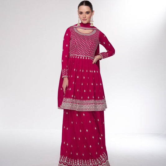 Fuchsia Pink Color Chinon Embroidered Wedding Wear Plazo Suit
