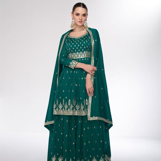 Green Color Chinon Embroidered Wedding Wear Plazo Suit