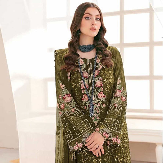 Mehandi Color Pakistani Salwar Kameez In Georgette Embroidered
