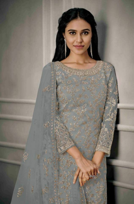 Grey Sequins Floral Embroidered Net Salwar Suit