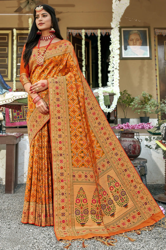 Apricot Orange Wedding Pure  Banarasi Silk Patola Saree with Zari Work