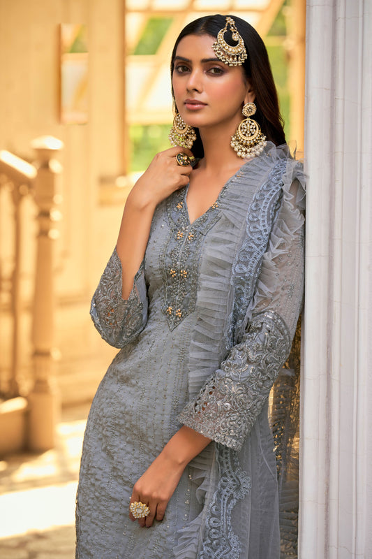 Grey Colored Heavy Sequins Embroidered Faux Georgette Party Wear Suit
