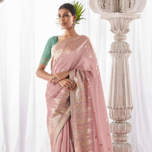 Baby Pink Kora Silk Wedding Saree With Designer Minakari Pallu & Attached With Heavy Tassels
