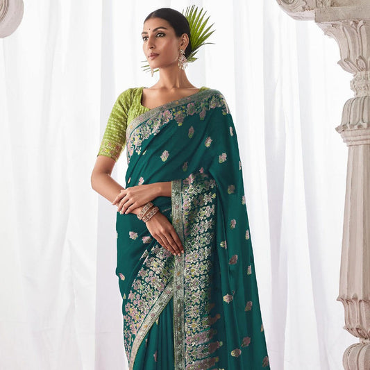 Teel Green Kora Silk Wedding Saree With Designer Minakari Pallu & Attached With Heavy Tassels
