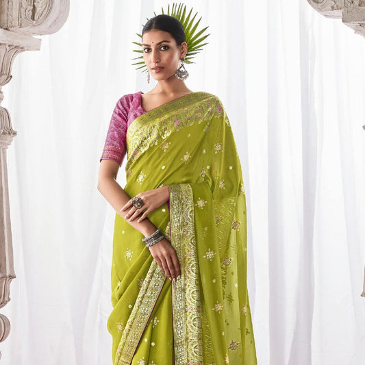 Parrot Green Kora Silk Wedding Saree With Designer Minakari Pallu & Attached With Heavy Tassels