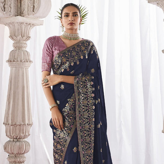 Navy Blue Kora Silk Wedding Saree With Designer Minakari Pallu & Attached With Heavy Tassels