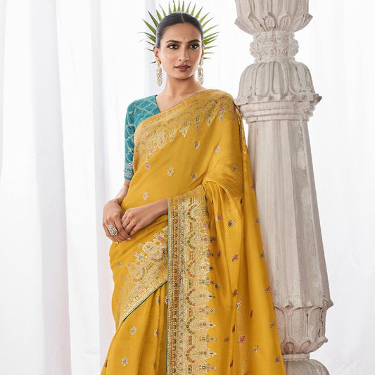 Yellow Color Kora Silk Wedding Saree With Designer Minakari Pallu & Attached With Heavy Tassels