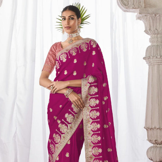 Rani Pink Kora Silk Wedding Saree With Designer Minakari Pallu & Attached With Heavy Tassels