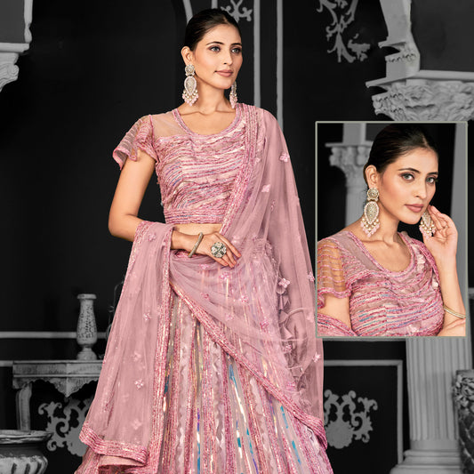 Pink Color Cord Floral Sequence Embroidery Bridal Wear Lehenga Choli