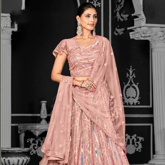 Peach Color Cord Floral Sequence Embroidery Bridal Wear Lehenga Choli