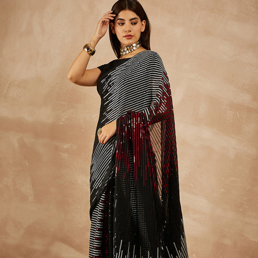 Black Georgette Sequence Embroidered Saree with Unstitched Blouse Piece
