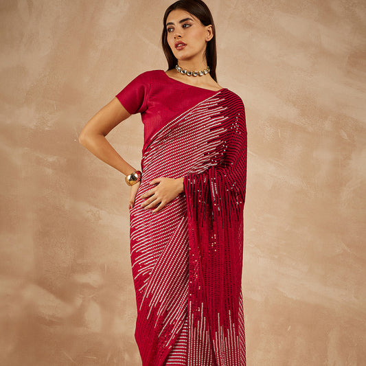 Red Georgette Sequence Embroidered Saree with Unstitched Blouse Piece