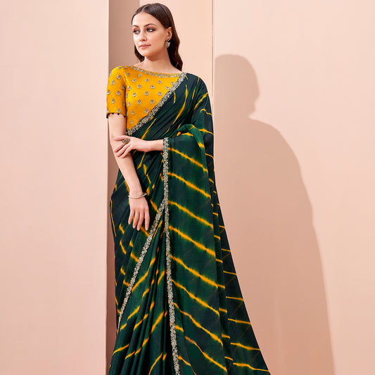 Green Cord Embroidery Saree with Unstitched Blouse Piece