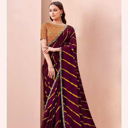 Wine Color Cord Embroidery Georgette Saree with Unstitched Blouse Piece