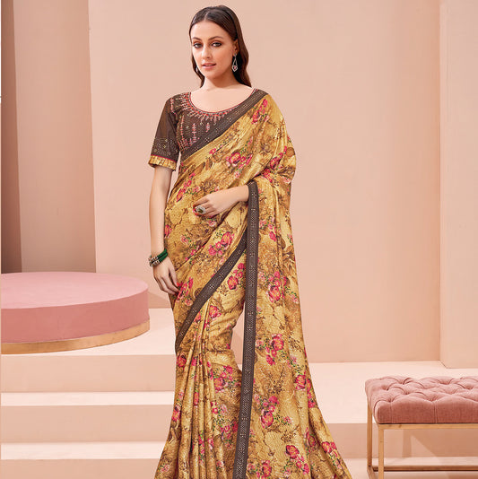 Mustard Color Sequins Embroidered Mukaish Studded Work Saree with Unstitched Blouse Piece
