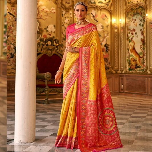 Golden Yellow Banarasi Silk Saree Wedding Saree With Contrast Border
