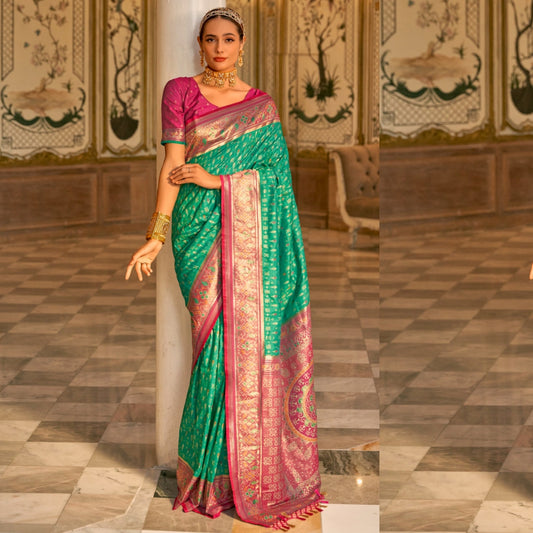 Sea Green Banarasi Silk Saree Wedding Saree With Contrast Border