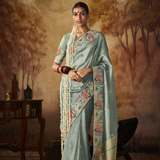 Aqua Blue Zari Woven Heavy Embroidery Wedding Kanjivaram Silk Saree
