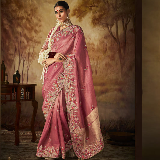 Melon Pink Zari Woven Heavy Embroidery Wedding Kanjivaram Silk Saree