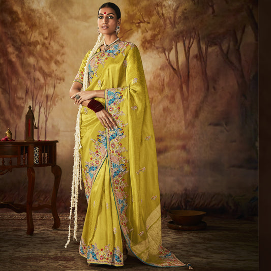 Pale Yellow Zari Woven Heavy Embroidery Wedding Kanjivaram Silk Saree