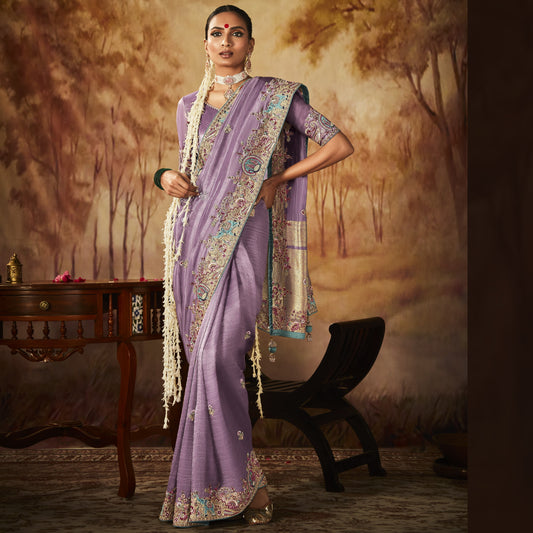 Lilac Purple Zari Woven Multi Embroidery Wedding Kanjivaram Silk Saree