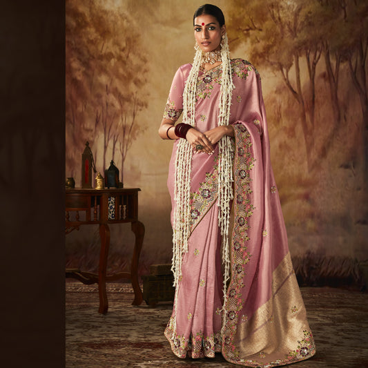 Pink Zari Woven Multi Embroidery Wedding Kanjivaram Silk Saree