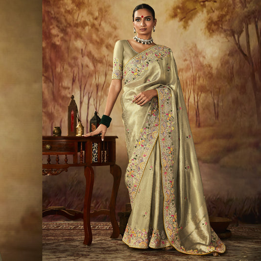 Copper Beige Zari Woven Multi Embroidery Wedding Kanjivaram Silk Saree